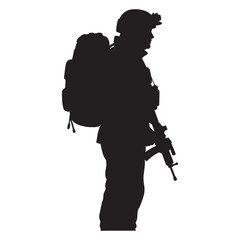 Silhouette of a fully equipped soldier carrying backpack and holding rifle standing in profile