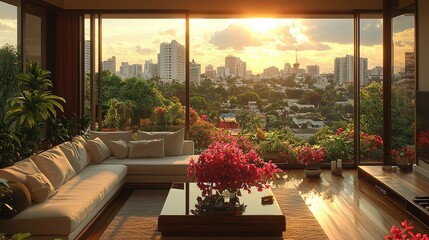 Obraz premium Modern living room with panoramic city views.