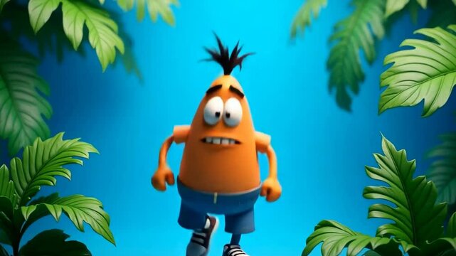 The image features a cartoon character with an orange body, big eyes, and spiky hair, standing amidst green foliage against a bright blue background.