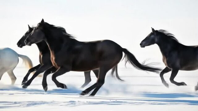 Black horses running on snow covered ground in winter