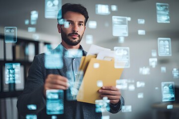 Focused professional in sleek office holding sensitive files amidst glowing digital symbols.