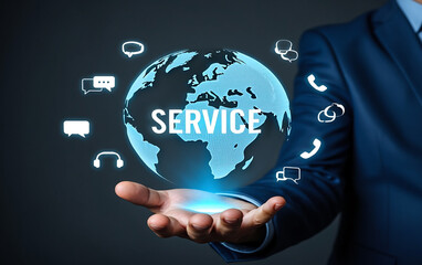 Global service concept with communication icons held by a businessman