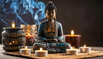 Serene Buddha Statue with Candles and Incense Smoke