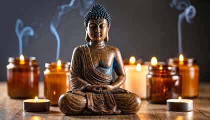Serene Buddha Statue with Candles and Incense Smoke