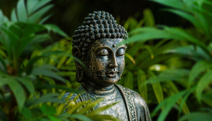 Serene Buddha Statue in Lush Green Garden