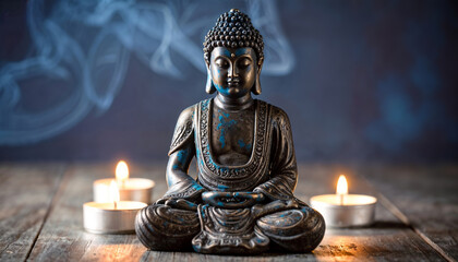 Serene Buddha Statue with Candles and Incense Smoke