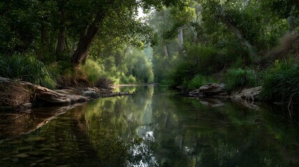 Naklejka premium Tranquil stream flowing through a quiet forest / 静かな森を流れる清らかな小川の風景