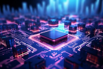 Modern cpu processing data on a motherboard, with a futuristic city skyline glowing in the background, symbolizing technological advancement