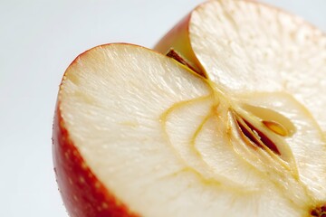 Vivid, juicy apple halve with textured, crisp flesh on sleek white background.