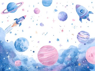 Planets astronaut set watercolor vector space theme element