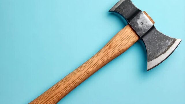 Double bladed axe with wooden handle laying on a light blue background, studio shot for industrial tool or outdoor equipment imagery