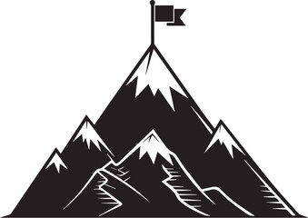 Minimal silhouette of mountain with flag on top in black vector style, success achievement symbol, goal, peak, leadership, ambition, mission, motivation, career, and business concept
