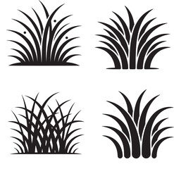 Four Stylized Illustrations of Grass Tufts A Study in Black and White Botanical Graphics