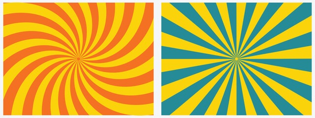 Retro spiral and sunburst radial backgrounds in vibrant yellow, orange, and blue, perfect for pop art, vintage, or comic design