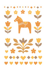 Flat vector illustration of a traditional Swedish folk art design featuring a horse at the center, surrounded by symmetrical floral elements and geometric decorations. 