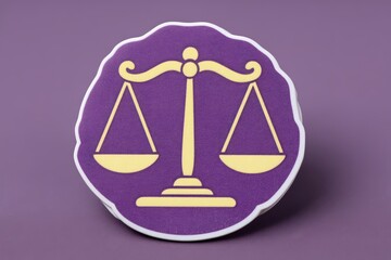 Symbolic representation of justice featuring iconic scales in a harmonious blend of celestial purple and vivid yellow capturing principles of equality and fairness in a bold visual statement