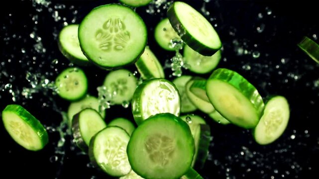 Sliced cucumbers and water droplets suspended in mid-air against a dark background.