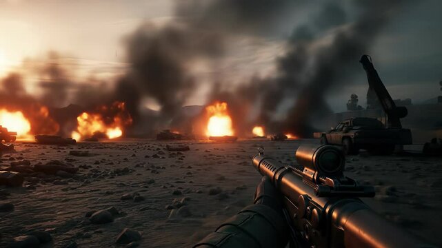 First person view of a burning battlefield with tactical rifle