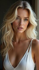 Portrait of a young woman with flowing blonde hair and green eyes, posing in a white top with thin straps against a neutral background.