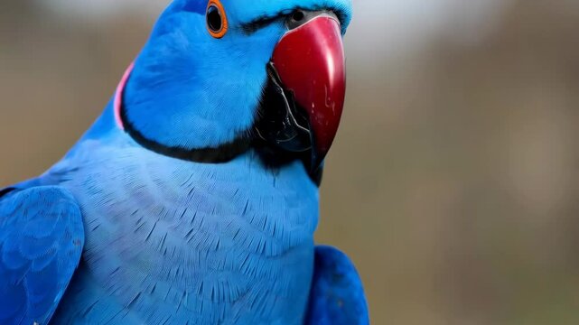 Close-up portrait of a vibrant blue parrot with a red beak, ringed neck, and detailed feather texture against a blurred background.