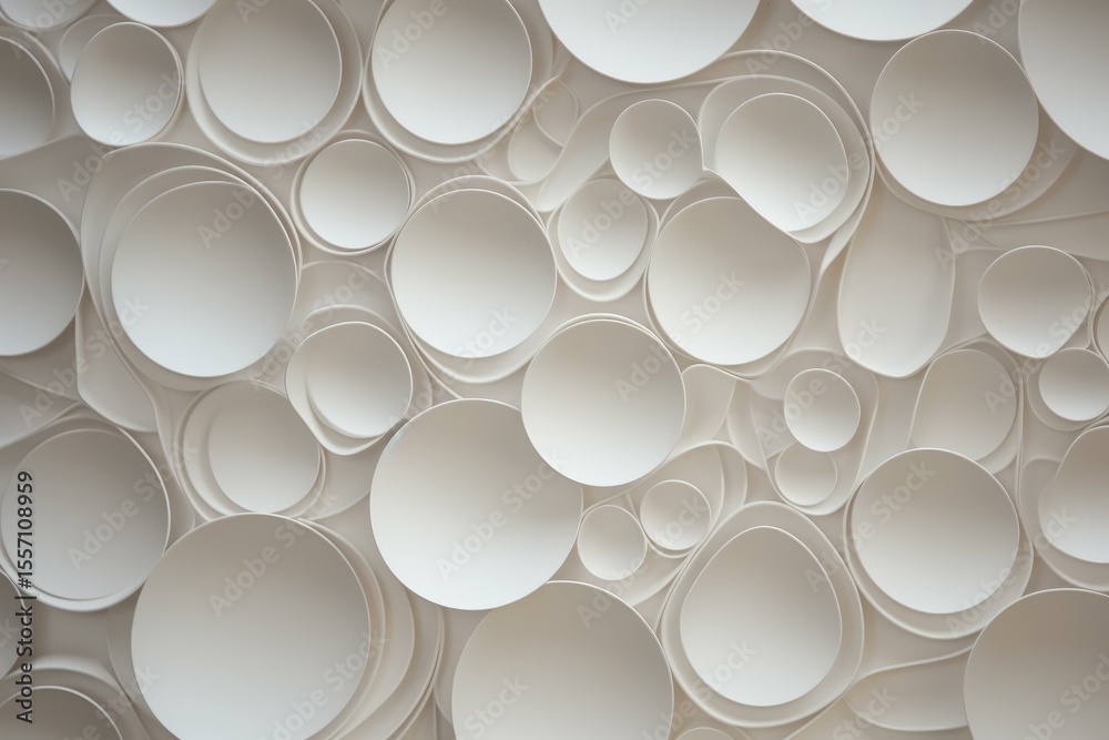 Poster white curved paper stripes forming a pattern of concentric circles and oval shapes, creating a three