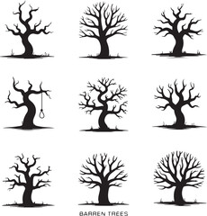 Eerie Collection of Silhouette Barren Trees Displaying Various Spooky Tree Outlines Against a Stark White Background Revealing Different Branching Styles