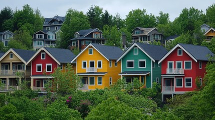 Colorful houses nestled among green trees, showcasing a vibrant community with unique architectural designs and a harmonious natural setting.