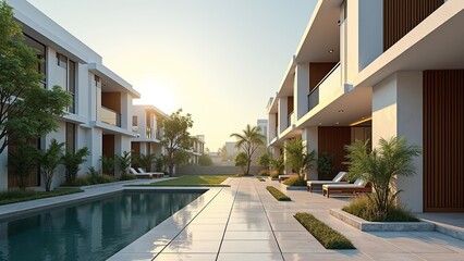 Luxurious villas line a tranquil pool, bathed in the warm glow of sunlight, creating a serene and inviting residential oasis.