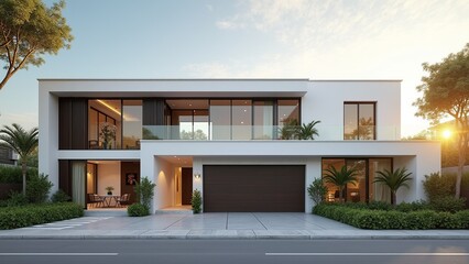 Modern, luxurious house with sleek white exterior, large windows, and well-manicured landscaping against a sunny sky. Minimalist and contemporary.