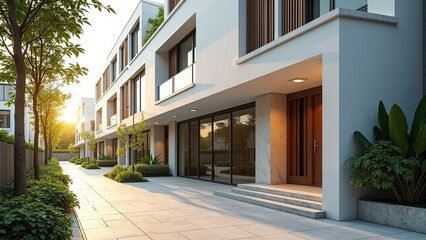 Modern townhouses feature sleek architecture, lush landscaping, and sun-drenched pathways, offering elegant urban living.
