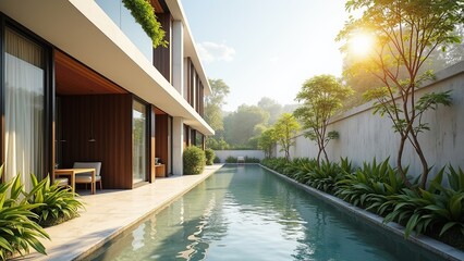 Contemporary home exterior featuring a long swimming pool flanked by lush greenery and a concrete wall under a bright, sunny sky.