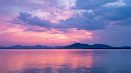 Naklejka premium Ethereal twilight bathes serene lake in dreamy purples, evoking Celtic Samhain whispers and Zen meditation tranquility