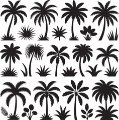 Tropical Silhouette Collection Abundant Palm Trees and Lush Foliage Black Silhouettes Against a White Background Exuding Island Paradise