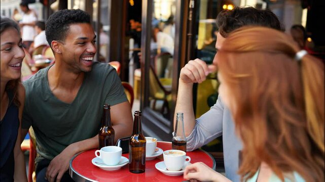 Group of diverse young friends laughing and enjoying drinks at a Parisian caf&eacute; terrace on a sunny afternoon &ndash; candid joyful moment &ndash; Generative AI