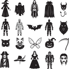 Naklejka premium Black and white collection of Halloween characters and symbols witch ghost