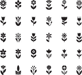 Collection of Whimsical Black and White Flower Icons Simple Botanical Designs for Decoration and Creative Projects Flat Vector Graphics
