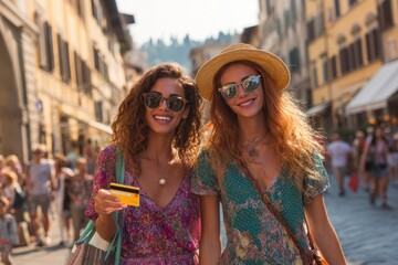 Tourists paying with credit card during holidays in Florence