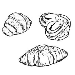 Fototapeta premium Delicious pastries, sweet rolls and croissants, a roll with poppy seeds and sugar, black and white ink sketches. Vector illustration. Bakery and pastry shop set, isolated on a white background