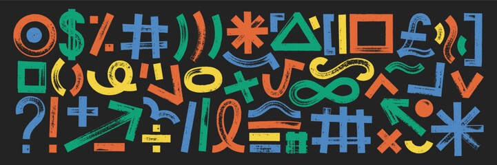 Set organic geometric bold shapes, texture lines and arrows. Grunge scribble elements in sketch style. Color vector illustration on a black background.