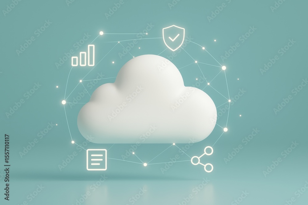 Fototapete Cloud Computing: Symbolic representation of cloud computing, highlighting data security, access, and sharing in a modern, digital environment.