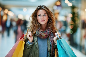 Beautiful woman holding shopping bags is enjoying christmas shopping at the mall