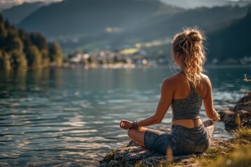 Young woman practicing yoga at sunrise meditating by the lake with mountains in the background