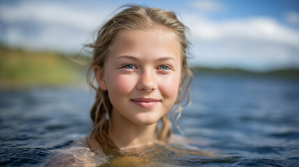 Finnish girl swimming in a serene lake during summer