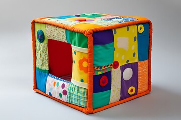 Fabric activity cube with different developmental challenges on each side 
