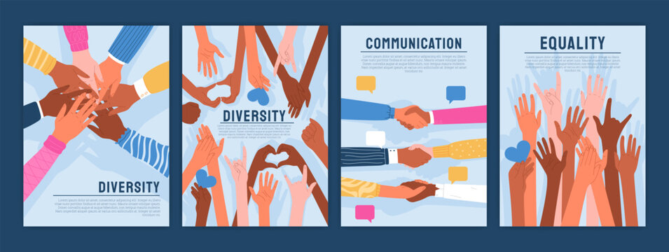 Community diverse culture. Poster with people hands. Group education. History voice. Women support circle. Social banner. Multicultural happy men. Equality and communication. Vector garish flyers set