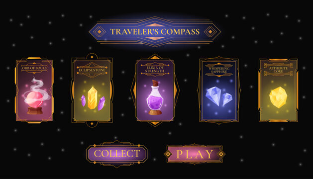 Fantasy game button. Magic UI frame. Glowing medieval icon. Fire HUD symbol. Wizard target. Geometric gem. Shiny award. Blue luxury screen divider. Oracle forecast. Potion bottle. Vector garish banner