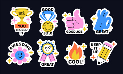 Good job icon. Motivational sticker. Cartoon badges with trophy or medal. Thumbs up and pencil. Great smiley for kids. Education positive evaluation. School success. Vector best work award patches set