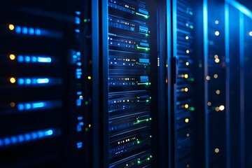Modern data center server racks with glowing indicator lights representing digital technology, cloud computing, and network infrastructure