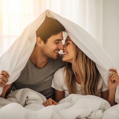 young couple lying on bed. smiling couple going to kiss under sleeping beds in the morning. young romantic couple concept.