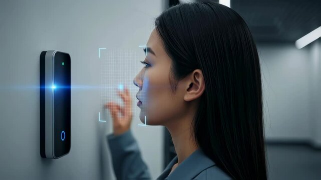 Woman scanning face for biometric identification. Security system recognizing user. Access control technology for modern buildings.